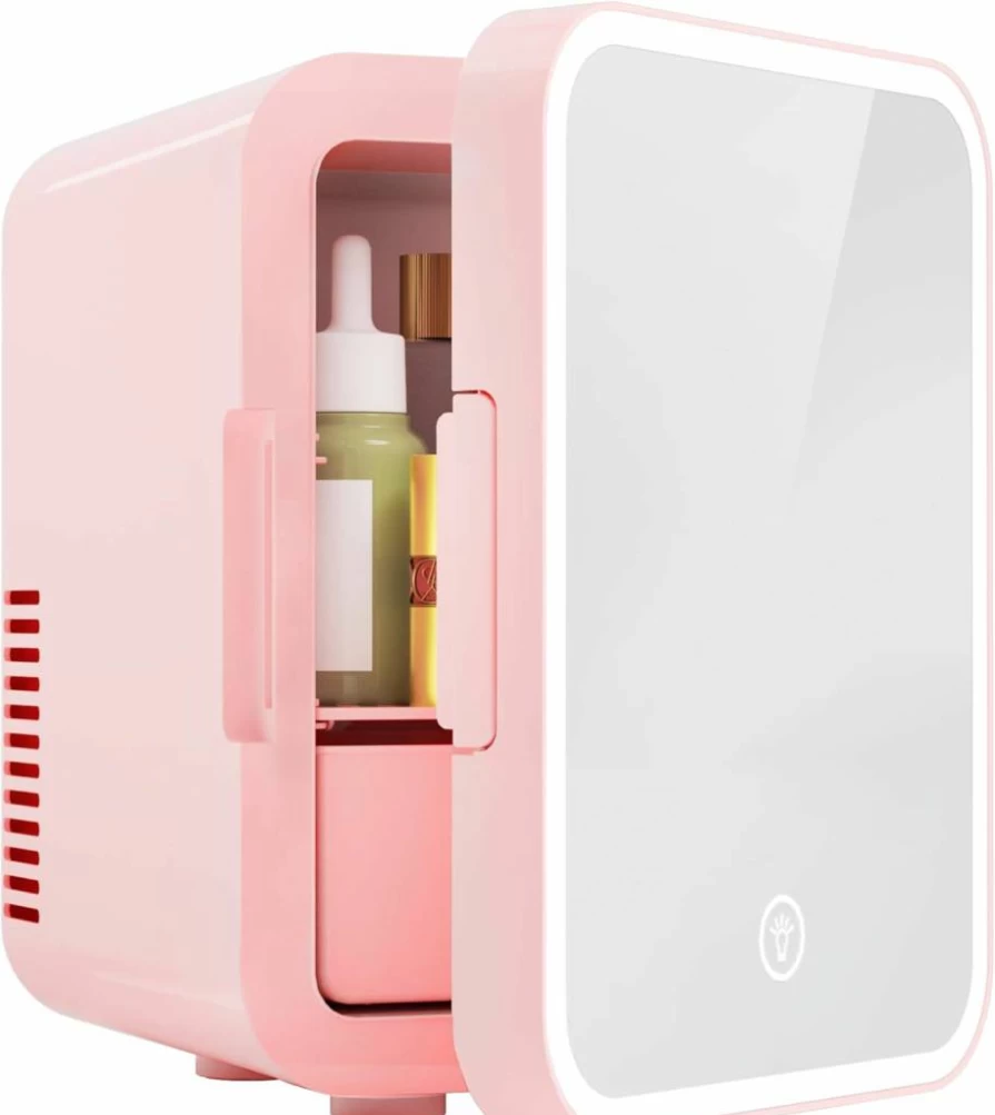 EUHOMY 5L Portable Mini Fridge - AC/DC Powered Skincare Cooler & Warmer with LED Mirror for Cosmetics, Beverages, Bedroom, Car, Office - White Compact Refrigerator