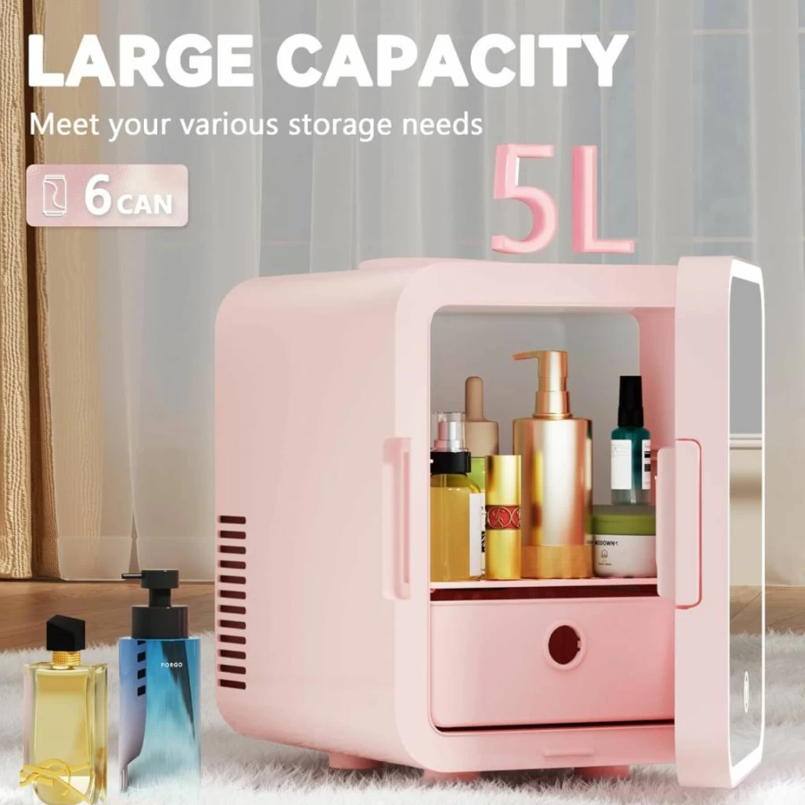 EUHOMY 5L Portable Mini Fridge - AC/DC Powered Skincare Cooler & Warmer with LED Mirror for Cosmetics, Beverages, Bedroom, Car, Office - White Compact Refrigerator