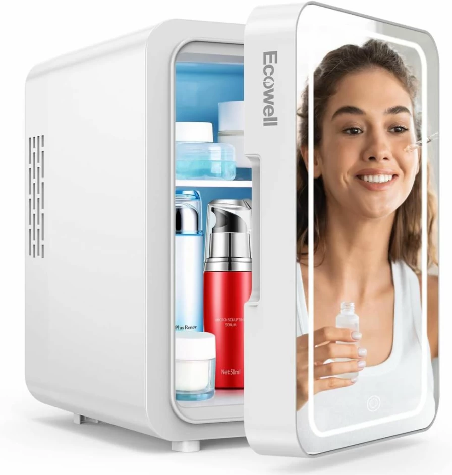 ECOWELL Mini Skin Care Fridge 4L with LED Mirror - Portable Cooler & Warmer for Makeup, Cosmetics, Bedroom, Office, Dorm, Car - AC/DC Powered in White