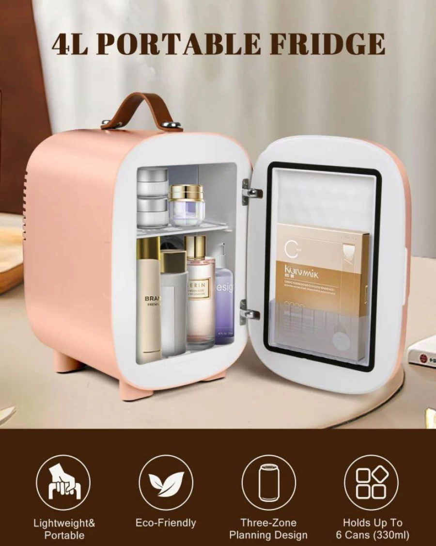 FANSEXPERT 4L Portable Mini Fridge - AC/DC Powered Skincare Cooler & Warmer for Bedroom, Office, Dorm, Camping & Car Travel (Black)