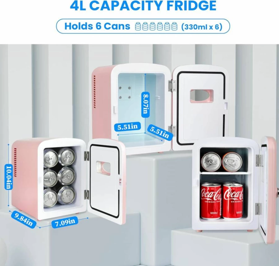 HealSmart 4L Portable Mini Fridge - 6 Can Cooler & Warmer with Observation Window, Freon-Free Eco-Friendly Compact Refrigerator for Drinks, Pink