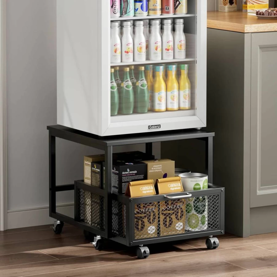 INMOZATA 20x20 Inch Mobile Mini Fridge Stand with Storage Drawer & Basket - Compact Kitchen Cart for Beverage Refrigerators, Upright Freezers in Dorm, Office (Black)