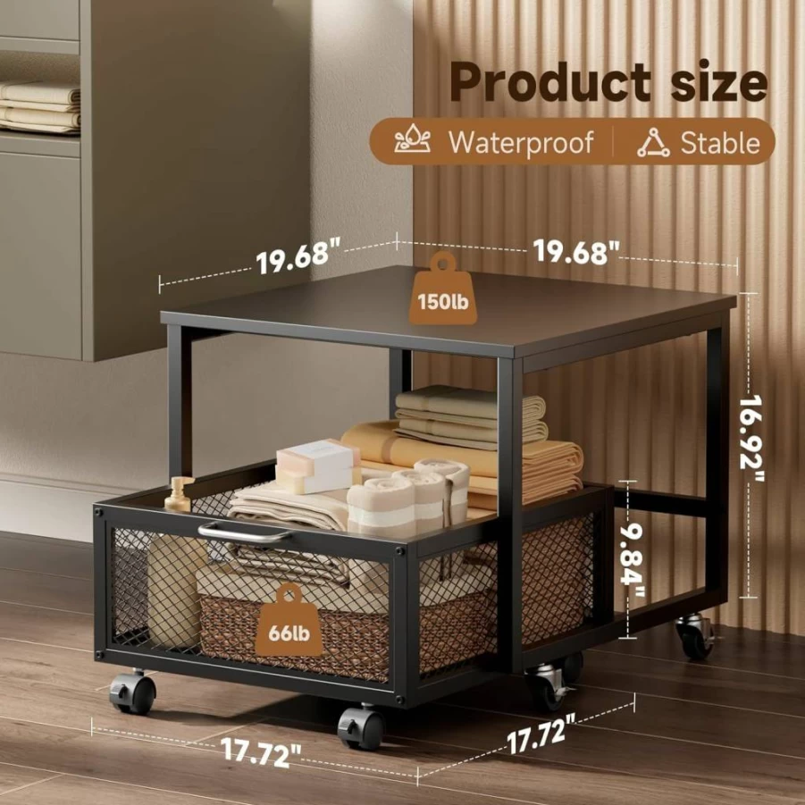 INMOZATA 20x20 Inch Mobile Mini Fridge Stand with Storage Drawer & Basket - Compact Kitchen Cart for Beverage Refrigerators, Upright Freezers in Dorm, Office (Black)
