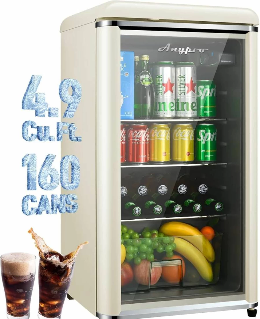 AnyPro 3.4 Cu.Ft Retro Mini Fridge - 120 Can Beverage Cooler with Double Tempered Glass Door, 7 Temperature Settings, Adjustable Shelves for Office, Bedroom, Bar - Red