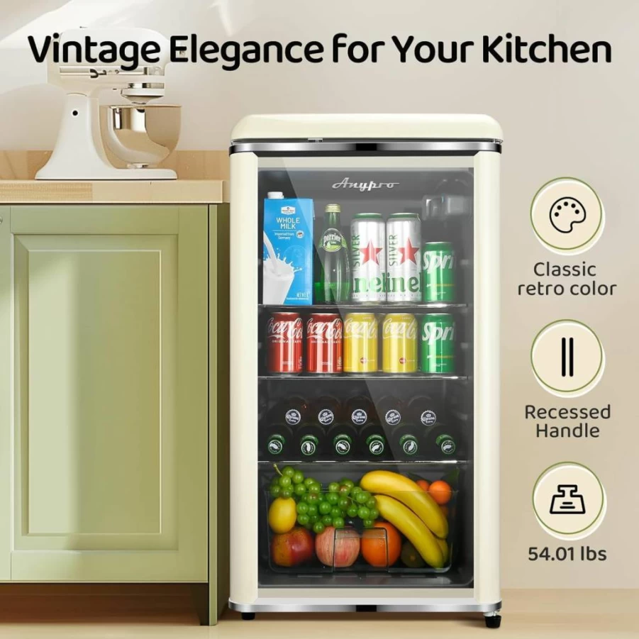 AnyPro 3.4 Cu.Ft Retro Mini Fridge - 120 Can Beverage Cooler with Double Tempered Glass Door, 7 Temperature Settings, Adjustable Shelves for Office, Bedroom, Bar - Red