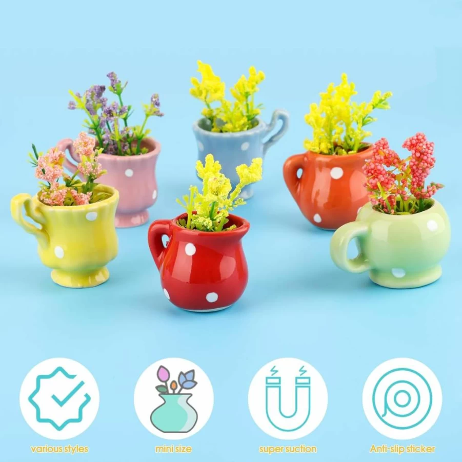 6Pcs Mini Ceramic Vase Magnets by Windspeed - Bulk Cute Tiny Refrigerator Magnets for Kitchen, Living Room, Bedroom & School Blackboard Decor