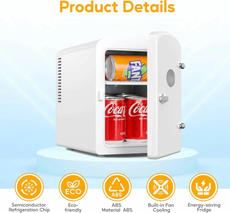 HealSmart 6L Portable Mini Fridge - 9 Can Cooler and Warmer with Observation Window, Freon-Free Eco-Friendly Compact Refrigerator for Drinks, White