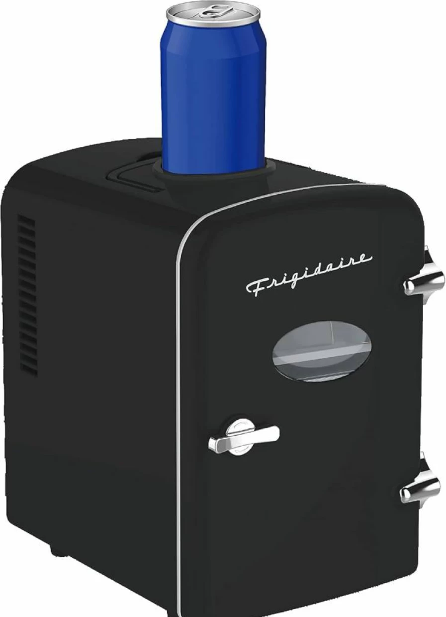 Frigidaire Retro Mini Fridge - Portable Personal Cooler for Home, Office, Dorm - Active Cooling with Can Holder - Includes Carrying Handle & AC/DC Power - Black
