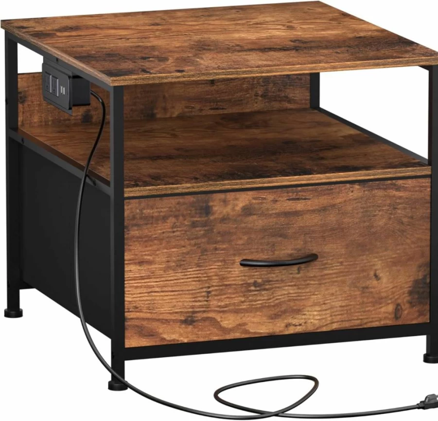 Unionly 180 Lb Rustic Brown Mini Fridge Stand with Charging Station, Adjustable Feet, Storage Drawer & Shelf for Home Kitchen