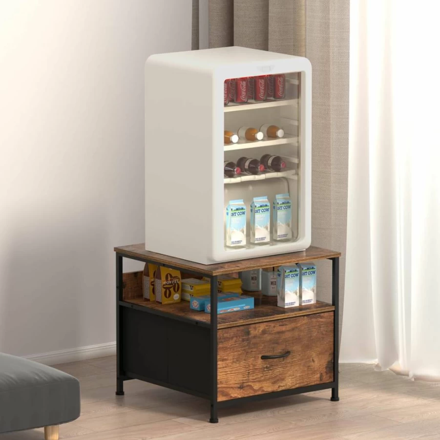 Unionly 180 Lb Rustic Brown Mini Fridge Stand with Charging Station, Adjustable Feet, Storage Drawer & Shelf for Home Kitchen