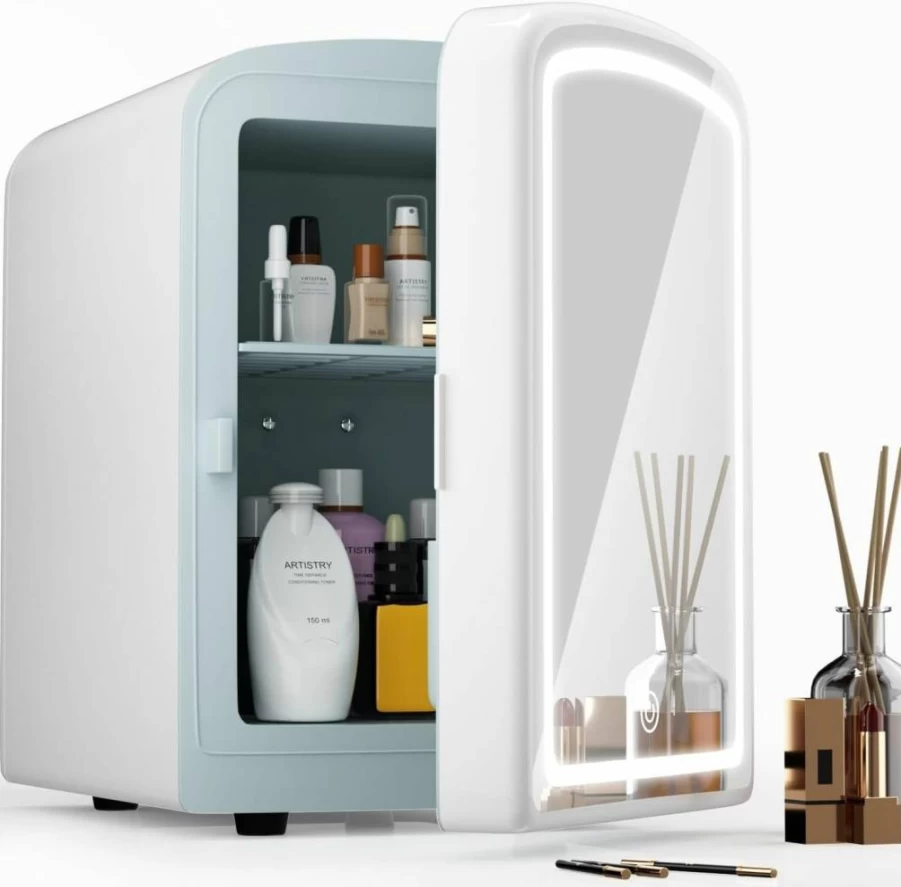 COYCYQI 4L Portable Skincare Fridge with Dimmable LED Mirror - Mini Cosmetic Cooler & Warmer for Makeup, Bedroom, Office, Car (Pearl White)