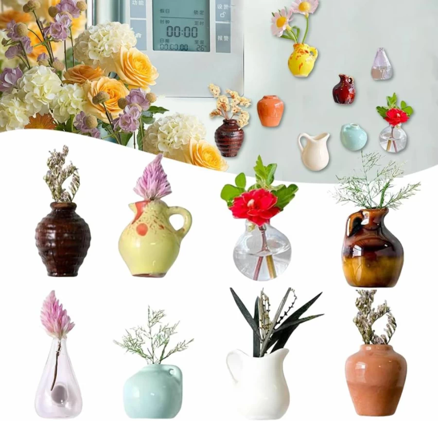 XUANDOH Mini Ceramic Vase Magnets for Fridge - Cute Tiny Flower Bud Vases, Adorable Kitchen Office Decor, Upgrade Refrigerator Magnets Gift