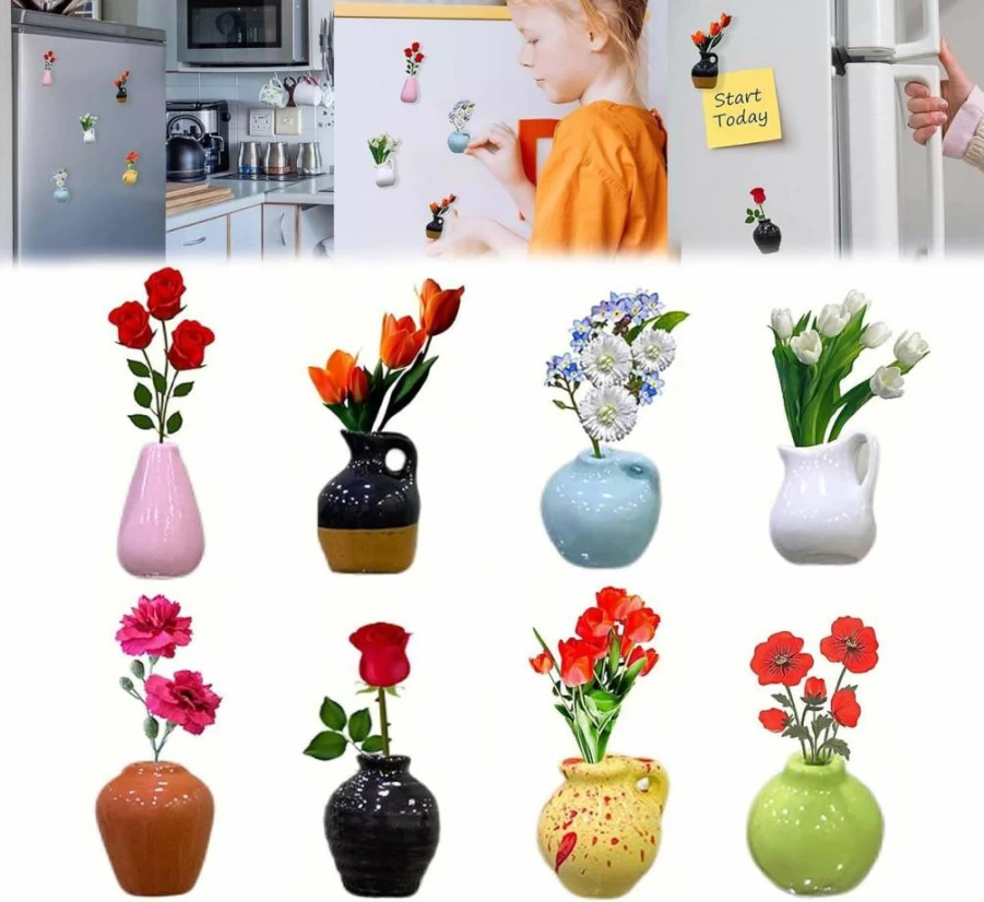 8Pcs Mini Ceramic Vase Magnets - 3D Plant Fridge Decor for Kitchen, Office & Home - Funny Small Refrigerator Magnets by Generic