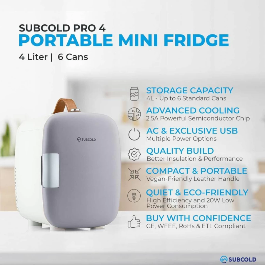 Subcold Pro4 Mini Fridge - 4L Portable Cooler for Office, Car, Travel & Skincare with AC/USB Power Options | Compact Refrigerator for Beverages & Cosmetics (Gray)