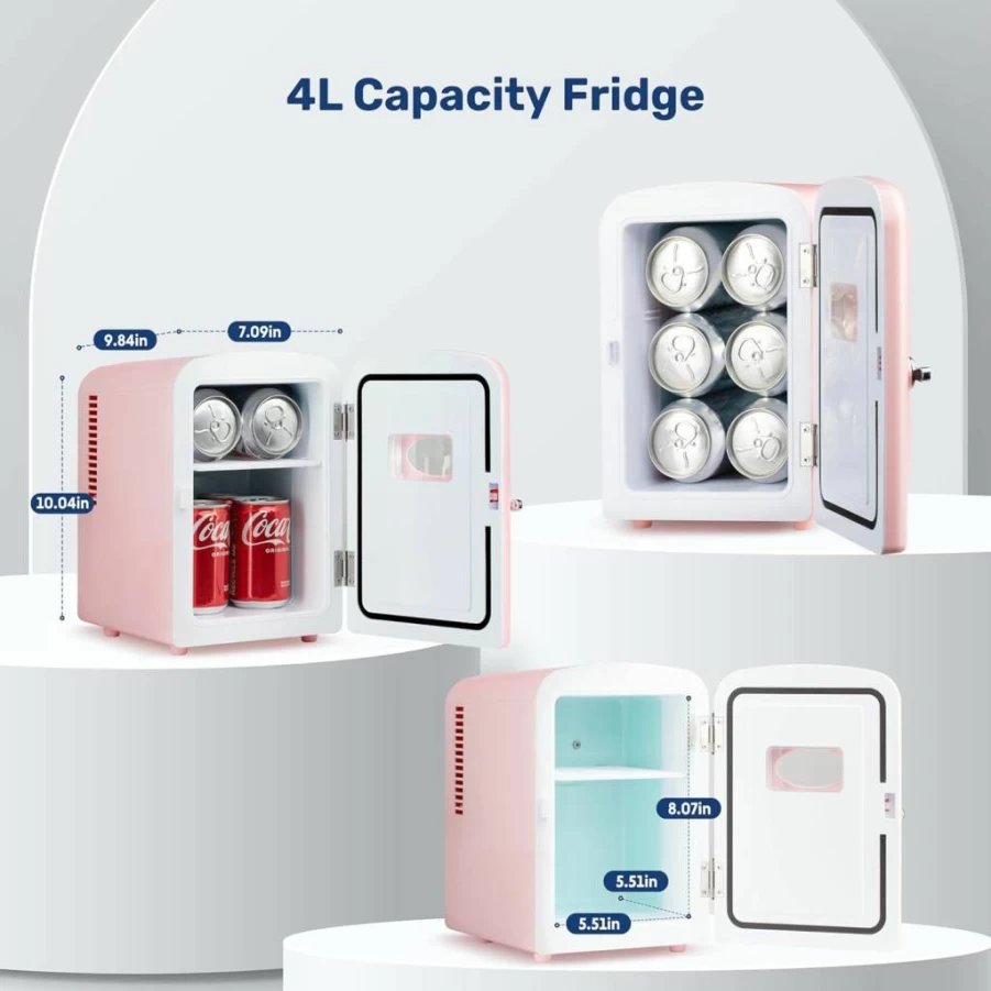 YSSOA Pink 4L Mini Fridge with Window - Portable Cooler & Warmer for 6 Cans, Eco-Friendly Freon-Free Compact Refrigerator