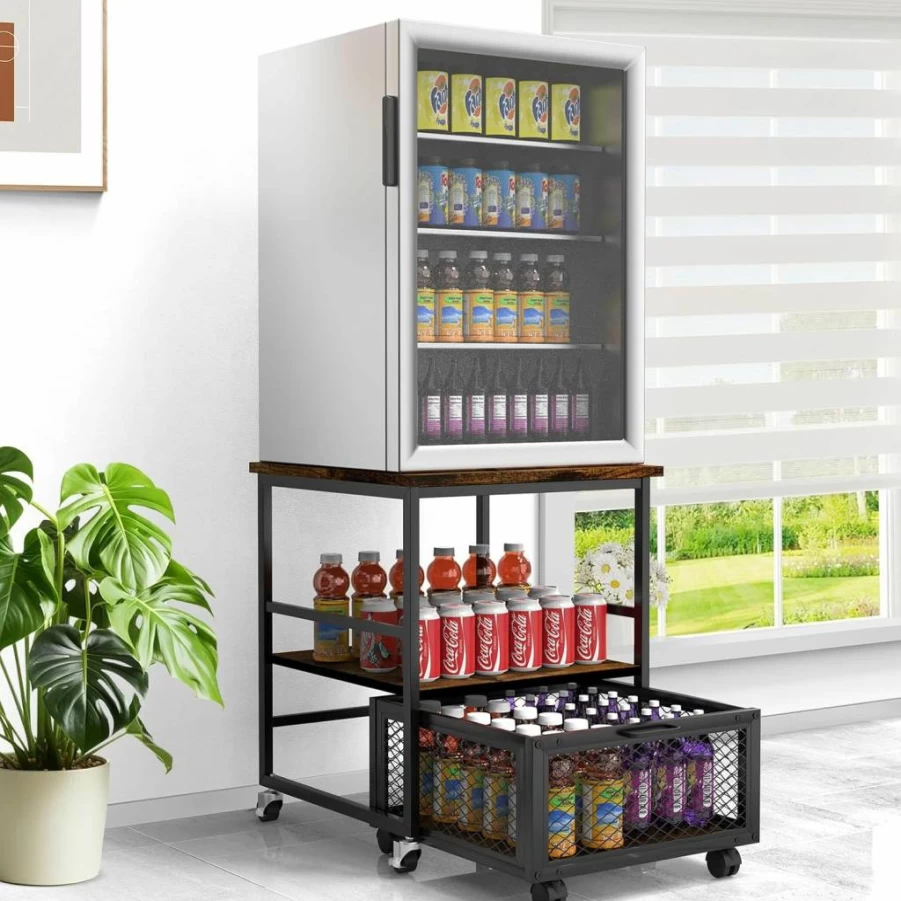 Sugitek 19.7x19.7 Inch Mobile Mini Fridge Stand with 3 Storage Drawers, Rolling Cart with Wheels for Beverage Refrigerator, Dorm, Home Office, Printer, or Coffee Table