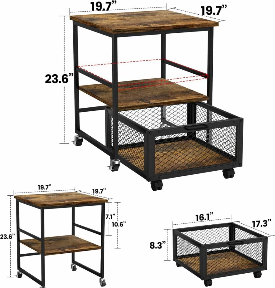 Sugitek 19.7x19.7 Inch Mobile Mini Fridge Stand with 3 Storage Drawers, Rolling Cart with Wheels for Beverage Refrigerator, Dorm, Home Office, Printer, or Coffee Table
