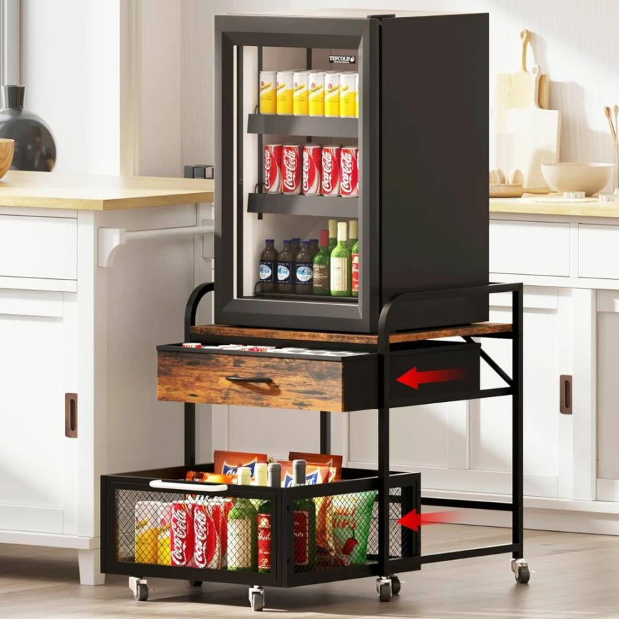 Kificet Mini Fridge Stand with Rolling Wheels - Heavy Duty 220LBS Storage Cabinet for Dorm, Office, Bedroom - Compact Refrigerator Table in Brown