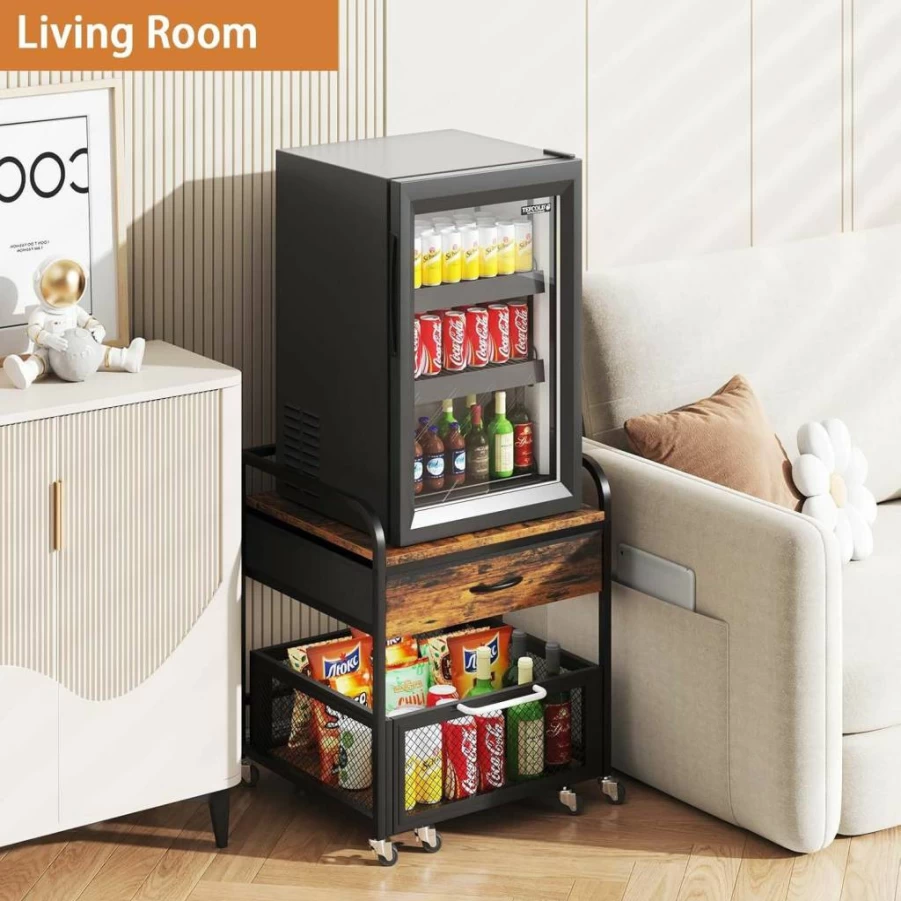 Kificet Mini Fridge Stand with Rolling Wheels - Heavy Duty 220LBS Storage Cabinet for Dorm, Office, Bedroom - Compact Refrigerator Table in Brown