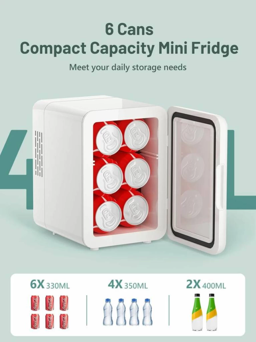 KEENSTAR Mini Skincare Fridge with LED Mirror - 4L Portable Cooler & Warmer for Cosmetics, Food, Bedroom, Office, Dorm, Car - White Personal Beauty Refrigerator