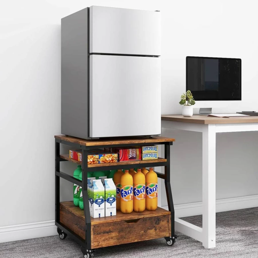 PUNCIA 23.6" x 21.7" Mini Fridge Stand with Wheels, Heavy Duty Mobile Cart with Drawers, Large Storage Appliance Platform for Dorm, Apartment, Office, Bedroom