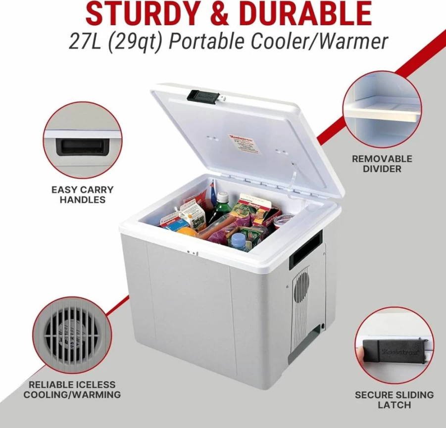 Koolatron 29 Qt Portable Electric Cooler and Warmer for Car, Camping, Travel - 12V DC Power, Thermo Electric Fridge, No Ice Needed, Gray/White