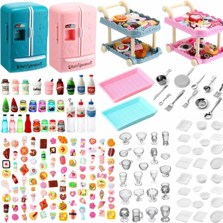 Rotatingpals 220-Piece Dollhouse Miniature Kitchen Set with Refrigerator, Dining Car, Food, Drinks, Bottles & Desserts for Kids