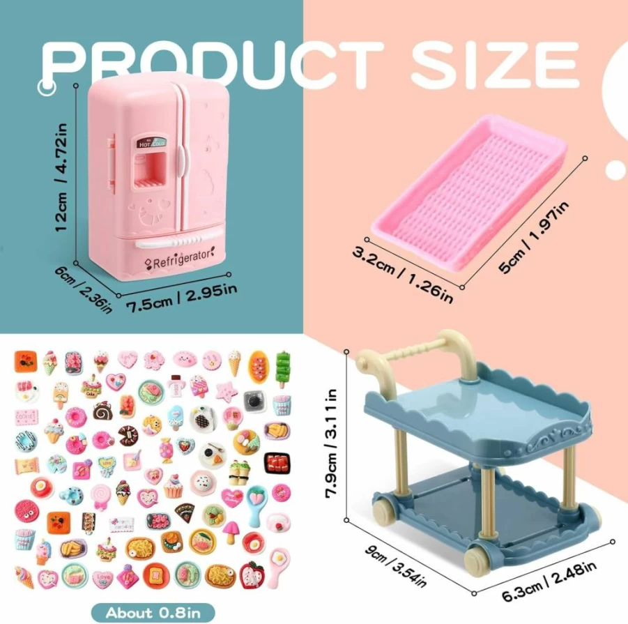 Rotatingpals 220-Piece Dollhouse Miniature Kitchen Set with Refrigerator, Dining Car, Food, Drinks, Bottles & Desserts for Kids