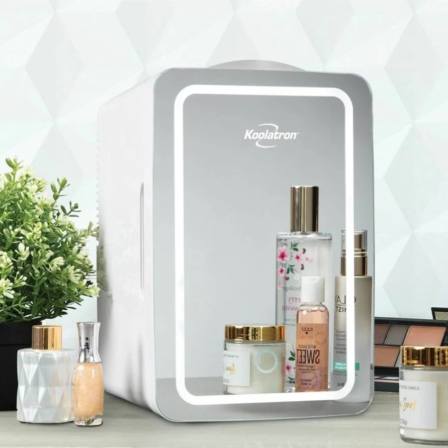 Koolatron 6L Portable Mini Fridge - 12V Cooler for Skincare, Cosmetics, Drinks & Snacks, LED Makeup Mirror, AC/DC Power for Bedroom, Office, Dorm Desk