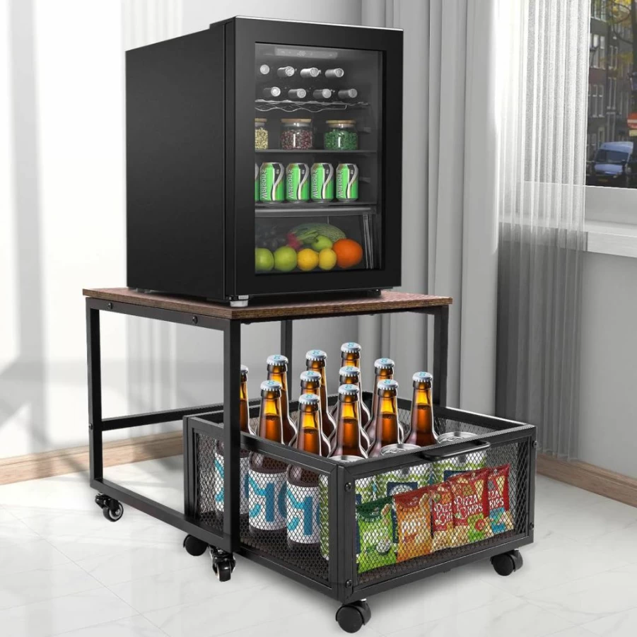 CREMANT 4-Tier Mini Fridge Stand with Lockable Wheels, 200Lb Capacity Rolling Storage Cart for Compact Refrigerators in Kitchen, Bedroom, Office - 360° Rotating Metal Frame with Bearing Casters