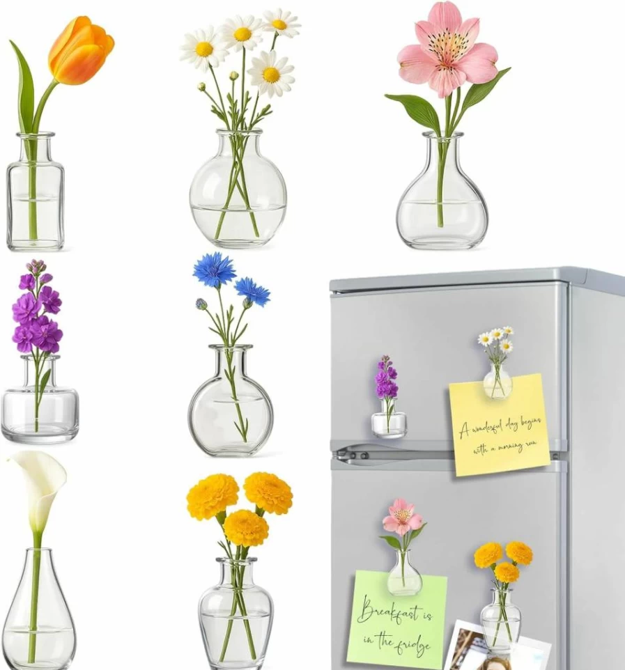 Mity Rain 7Pcs 3D Glass Mini Vase Magnets for Fridge - Decorative Refrigerator, Locker & Office Accessories Set