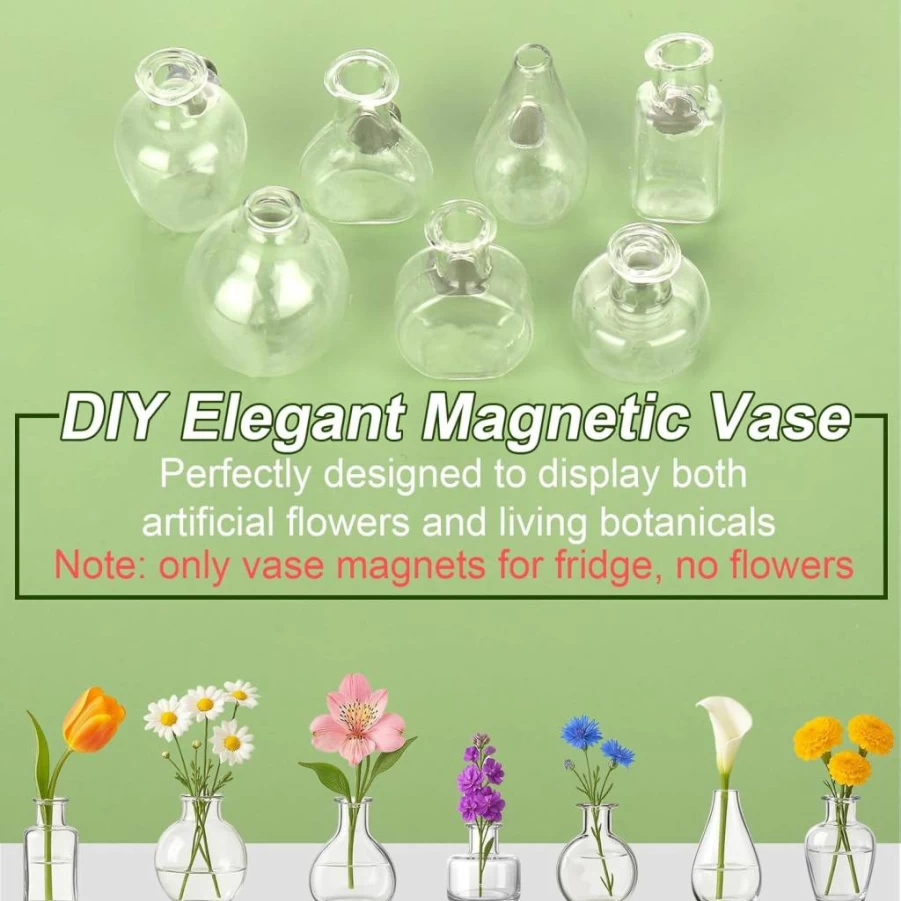 Mity Rain 7Pcs 3D Glass Mini Vase Magnets for Fridge - Decorative Refrigerator, Locker & Office Accessories Set