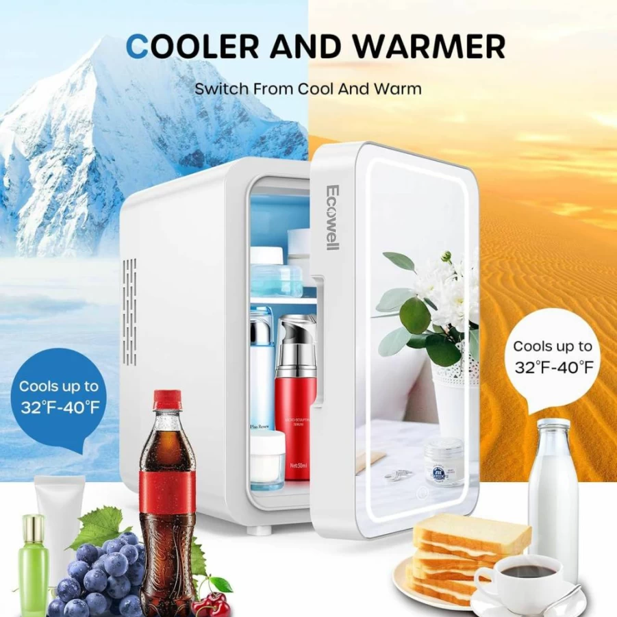 ECOWELL Mini Skincare Fridge 4L/6 Can Portable Refrigerator for Bedroom, Office, Dorm, Car - Compact Cosmetic Cooler for Makeup, White