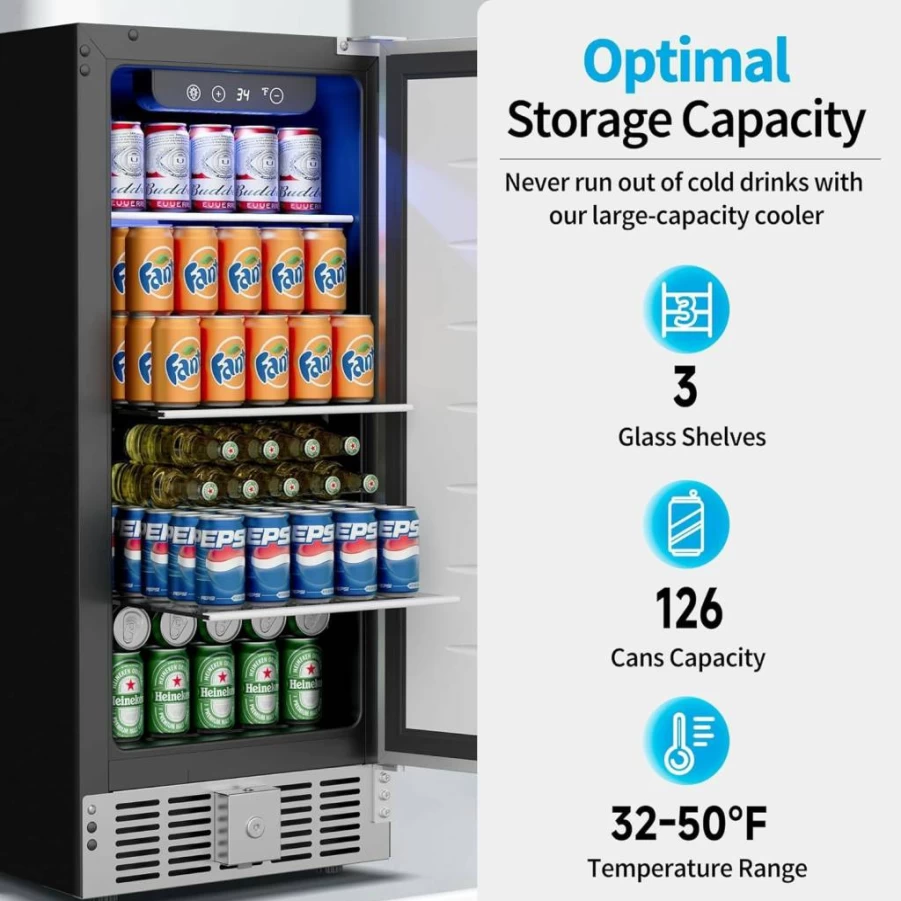 Feelfunn 3.2 Cu.Ft Mini Fridge with Glass Door - 126 Can Beverage Cooler for Beer, Wine, Soda, Compact Refrigerator for Bedroom, Office, Bar, Dorm, 4 Adjustable Shelves, Energy Efficient, Black