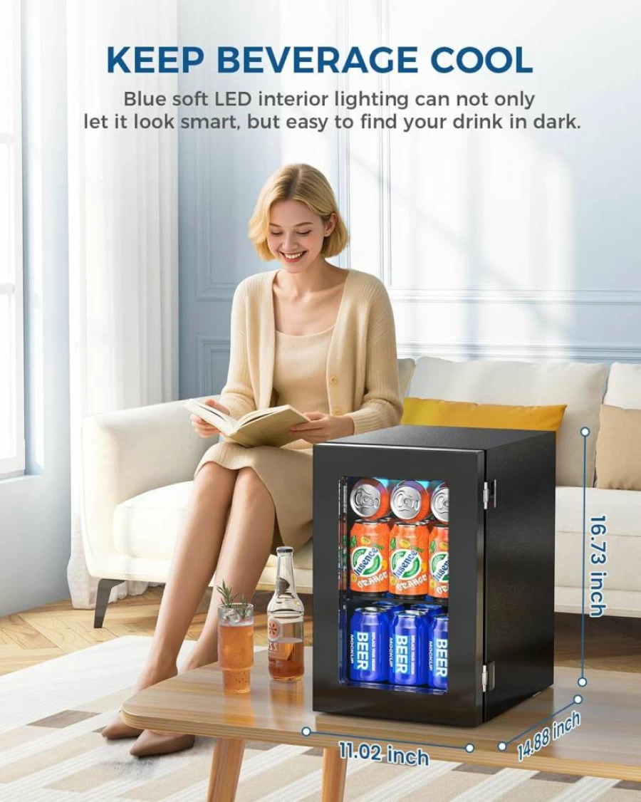 Joy Pebble 1.3 Cu.Ft Beverage Cooler - 12 Bottle 55 Can Mini Fridge with Glass Door, Adjustable Shelves for Beer, Wine, Drinks, Freestanding Compact Refrigerator