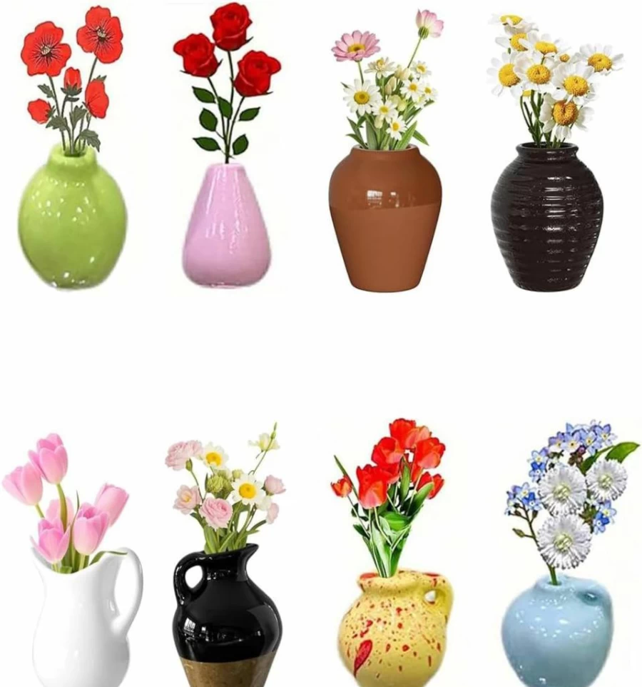 Gakivit 8 Pack Mini Vase Fridge Magnets - 3D Tiny Plant Magnets for Refrigerator, Kitchen, Office & Locker Decoration - Funny Cute Home Accessories