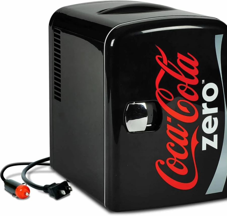 Coca-Cola Zero 4.2 Quart Portable Mini Fridge Cooler with AC/DC Plugs for Home, Office, Car, Dorm, RV - Black/Red (6 Can Capacity)