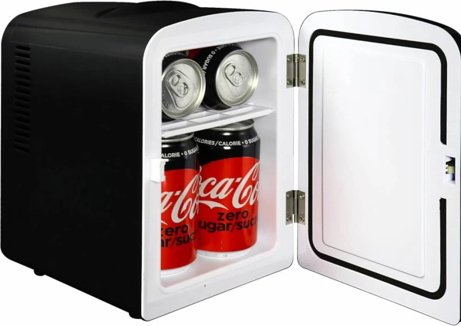 Coca-Cola Zero 4.2 Quart Portable Mini Fridge Cooler with AC/DC Plugs for Home, Office, Car, Dorm, RV - Black/Red (6 Can Capacity)