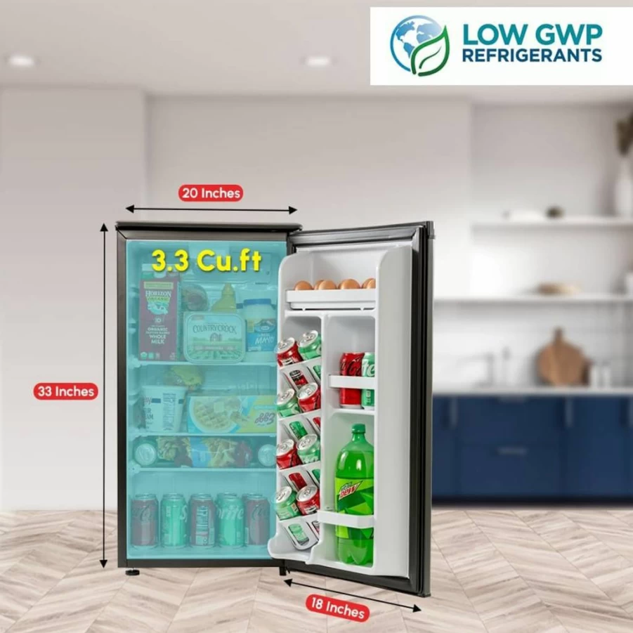 Roomwell 3.3 Cu Ft Mini Refrigerator - Compact Single Door Fridge with Auto Defrost, Reversible Design, Glass Shelf - Ideal for Bedroom, Dorm, Office
