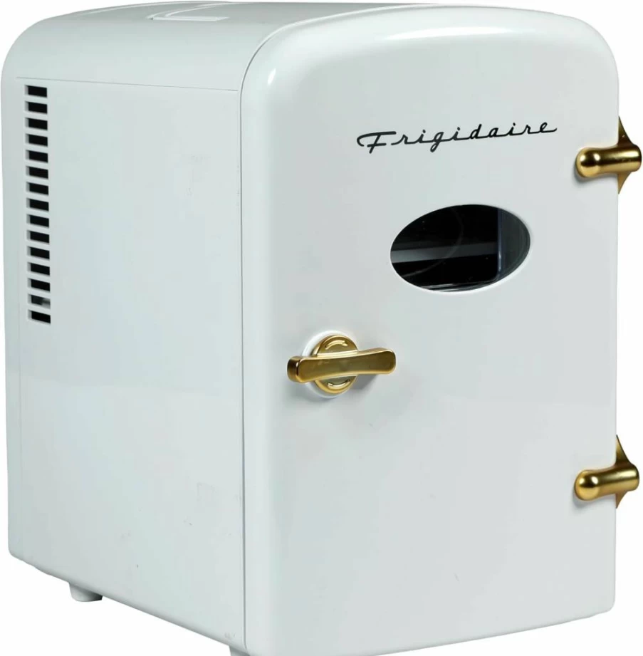 Frigidaire Retro Mini Personal Fridge - 9 Can Portable Cooler for Car, Office, Bedroom with 110V AC & 12V DC Cords - White Gold Special Edition