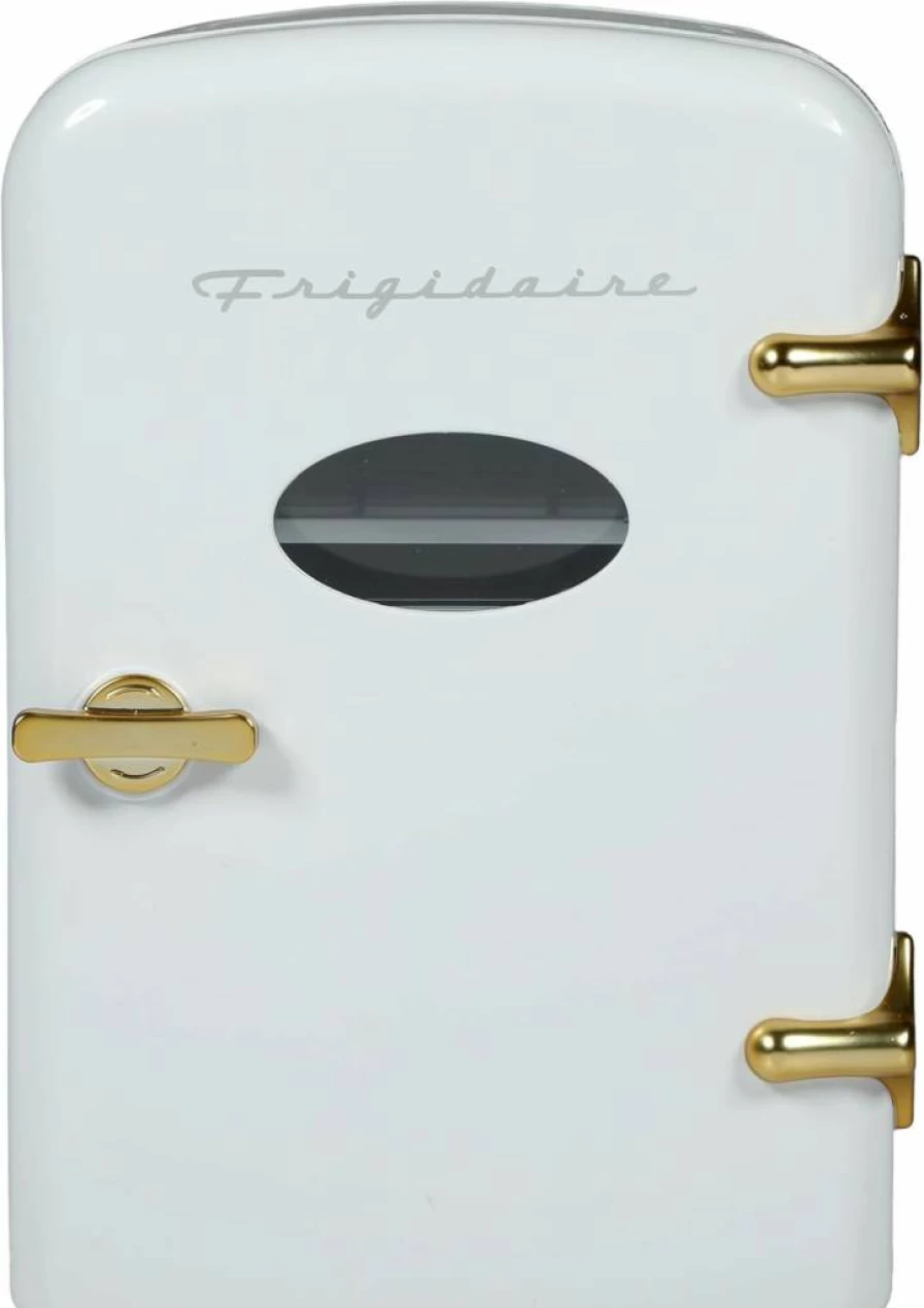 Frigidaire Retro Mini Personal Fridge - 9 Can Portable Cooler for Car, Office, Bedroom with 110V AC & 12V DC Cords - White Gold Special Edition