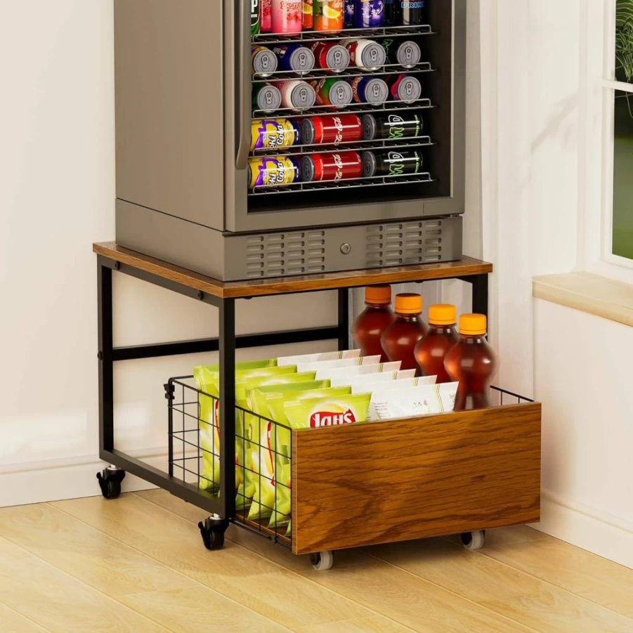 UNEEDE 19.7x19.7 Inch Rolling Mini Fridge Stand with Storage Cabinet - 240 Lbs Capacity, Multi-Use Table for Record Player, Dorm, Office, Bedroom & Kitchen