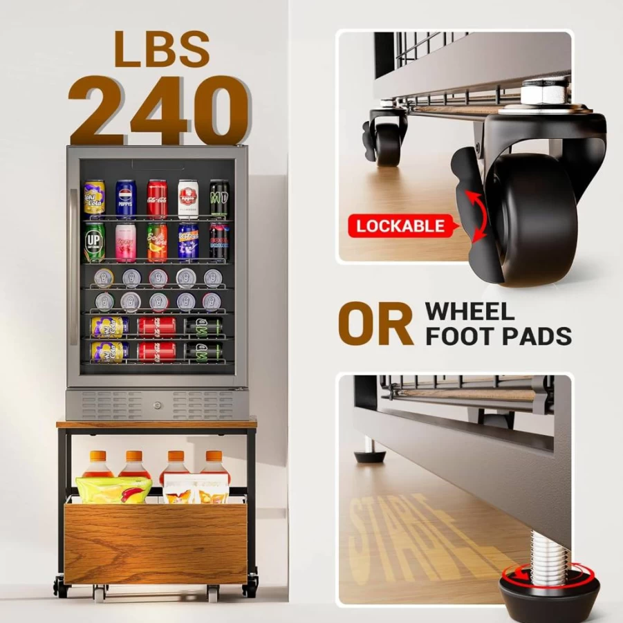 UNEEDE 19.7x19.7 Inch Rolling Mini Fridge Stand with Storage Cabinet - 240 Lbs Capacity, Multi-Use Table for Record Player, Dorm, Office, Bedroom & Kitchen
