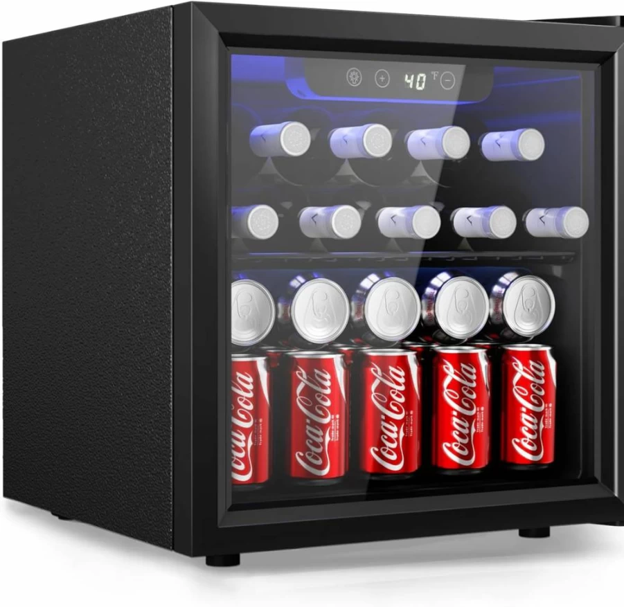 EUHOMY 1.3 Cu.Ft Mini Beverage Refrigerator with Glass Door, Adjustable Shelves & Blue LED Lighting for Beer, Wine, Drinks - Compact Cooler for Home, Office, Dorm, Bar Countertop