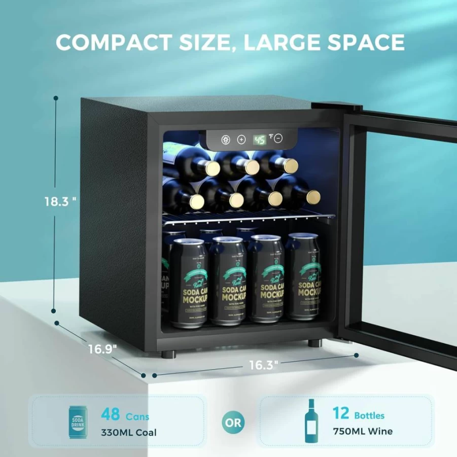EUHOMY 1.3 Cu.Ft Mini Beverage Refrigerator with Glass Door, Adjustable Shelves & Blue LED Lighting for Beer, Wine, Drinks - Compact Cooler for Home, Office, Dorm, Bar Countertop