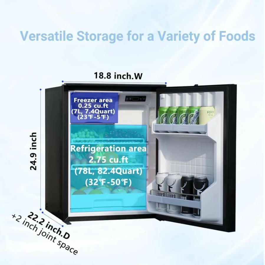 Smad 3.0 Cu.Ft. 12V/24V Portable Car Refrigerator with Freezer for RV, Truck, SUV, Van, Boat, and Camping - Reversible Door, LED Light, Recessed Handle, Black