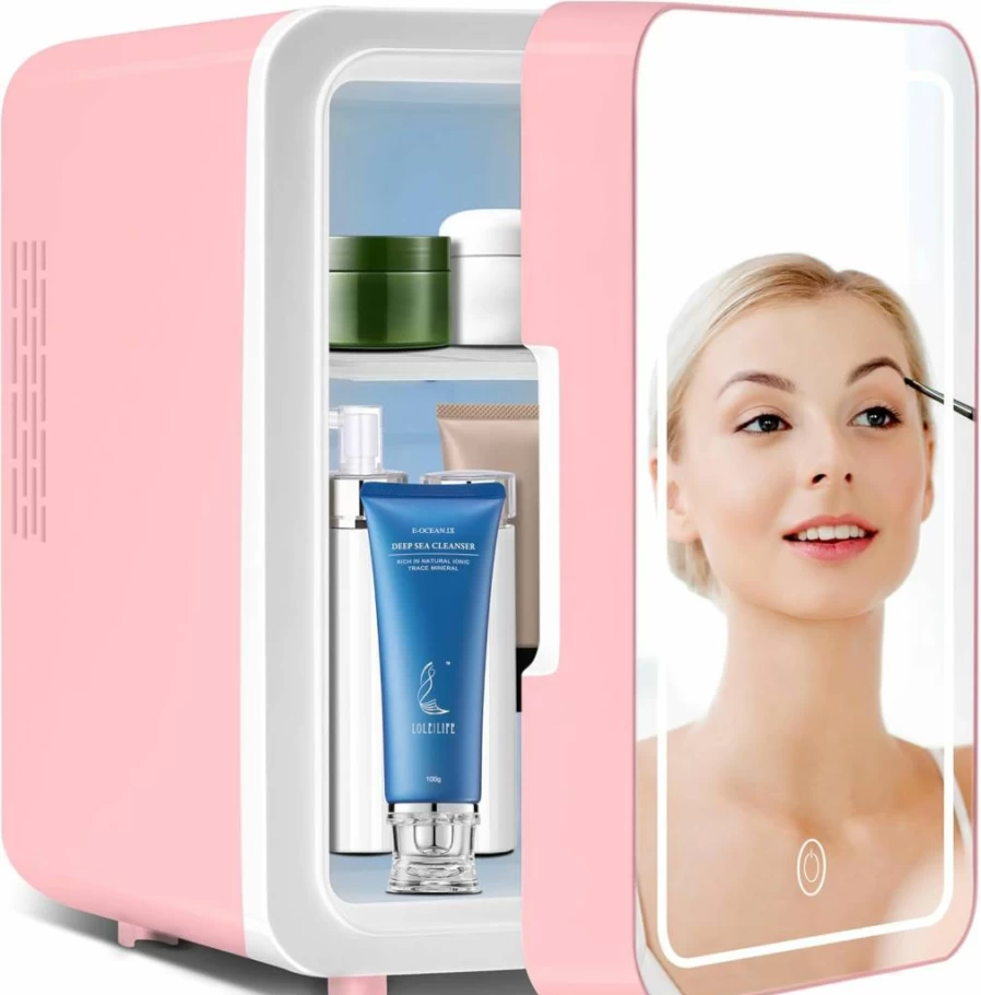 MAXEVE 4L Mini Skincare Fridge with Dimmable LED Mirror - Portable Cooler & Warmer for Cosmetics, Makeup, Food - Pink Compact Refrigerator for Bedroom, Car, Office