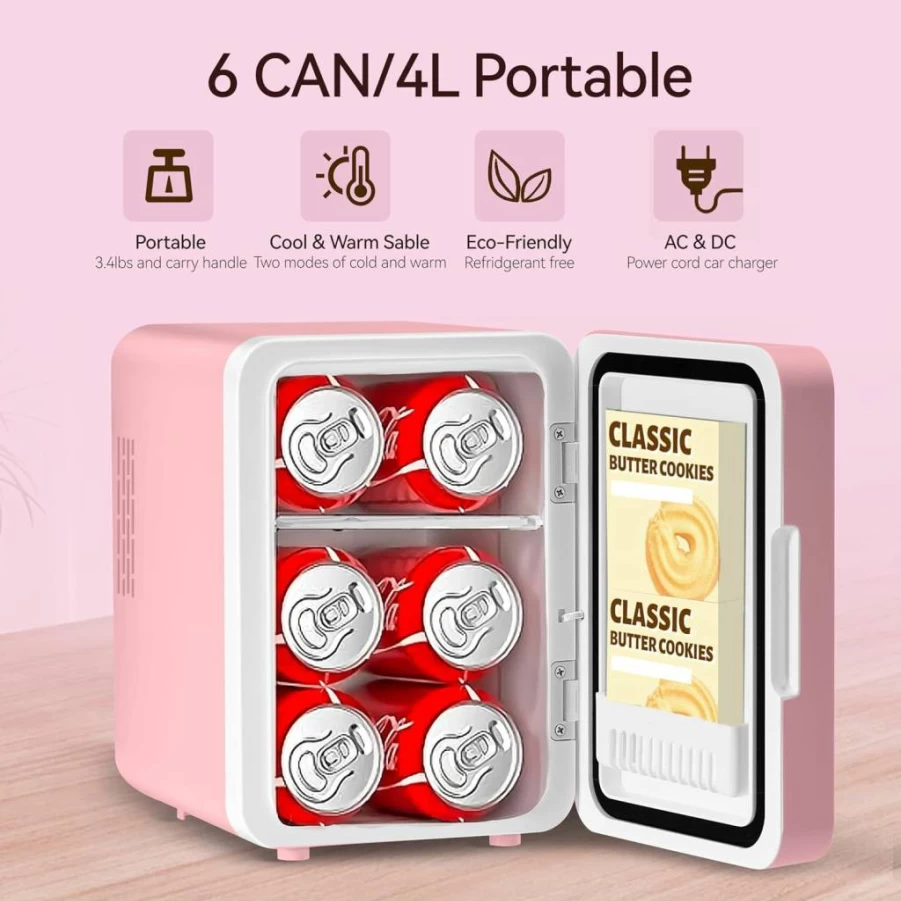 MAXEVE 4L Mini Skincare Fridge with Dimmable LED Mirror - Portable Cooler & Warmer for Cosmetics, Makeup, Food - Pink Compact Refrigerator for Bedroom, Car, Office