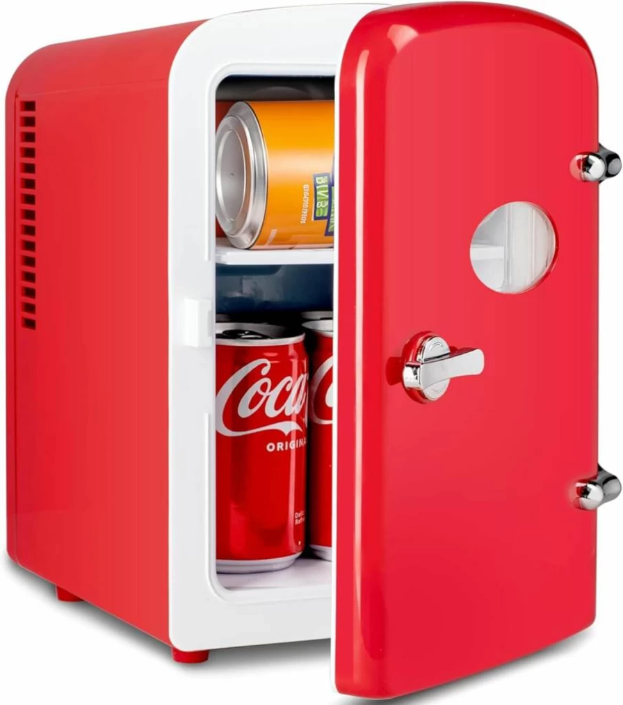 HealSmart 4L Portable Mini Fridge - 6 Can Cooler & Warmer with Observation Window, Freon-Free Eco-Friendly Compact Refrigerator for Drinks, Red