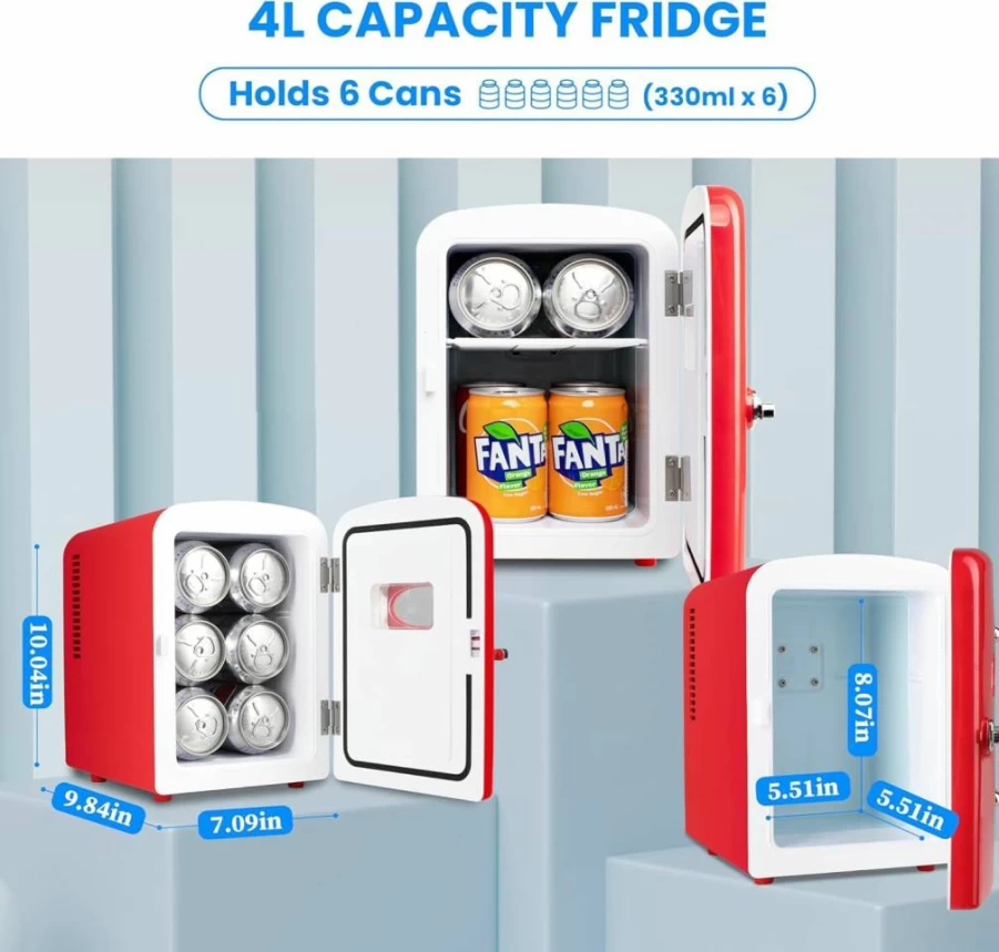 HealSmart 4L Portable Mini Fridge - 6 Can Cooler & Warmer with Observation Window, Freon-Free Eco-Friendly Compact Refrigerator for Drinks, Red